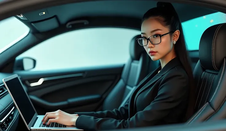 chinese terminator woman in a car with a laptop and glasses on, digital art by Arik Brauer, trending on cg society, digital art, digital art of an elegant, high quality portrait, woman in business suit, woman in black business suit, business woman, epic an...