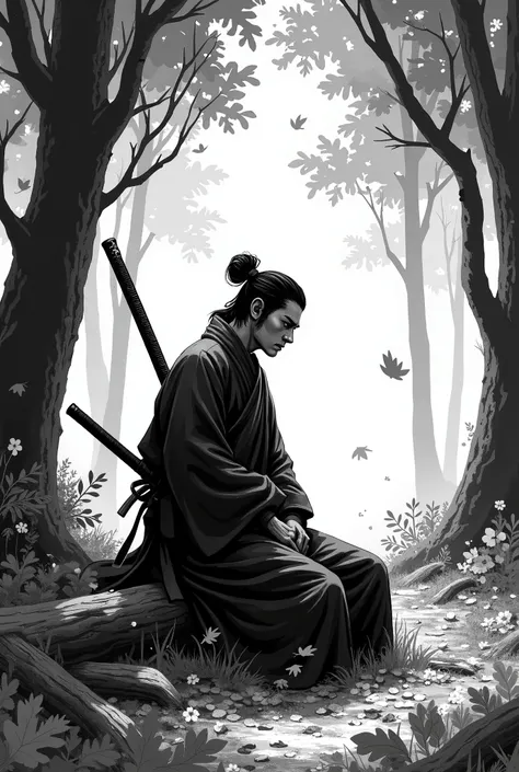 Create a samurai in black and white civilian clothes in the mangaka style in the middle of a dense forest resting after a battle with his sword in his hands with leaves falling from the trees he is sitting on a fallen tree trunk
