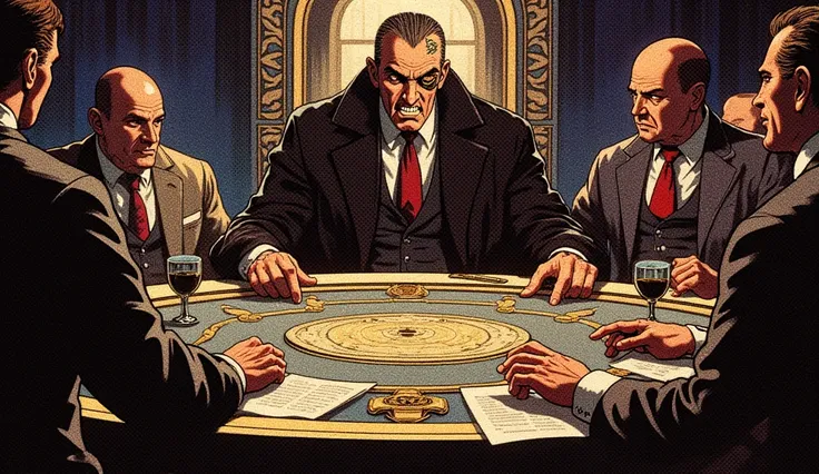 The gangster boss sat at a huge round table，Surrounded by his loyal followers。They are discussing how to control the power structure in the city，Ambition and cunning are revealed on everyone&#39;s face。Mafia Boss，Tattoo，Gold Tooth，One-Eye，Lovecraftian，mast...