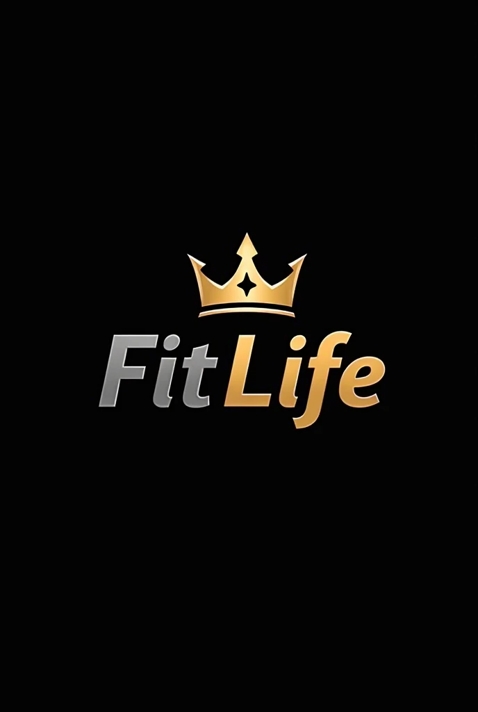 a fitness logo called FitLIfe where the background is black and gold letters with gray and a king&#39;s crown 