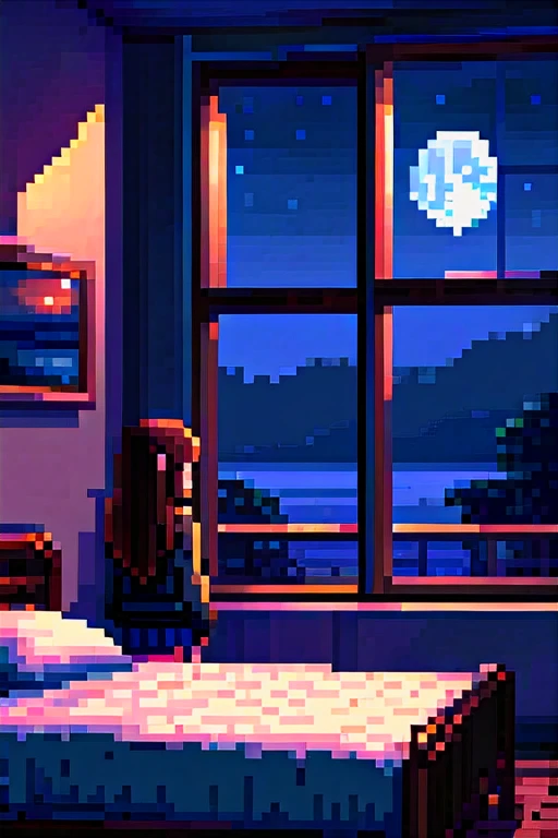 dark pixel art, 1girl, High Resolution, Masterpiece, Accurate, Long Hair, at room, look at window, night, sad