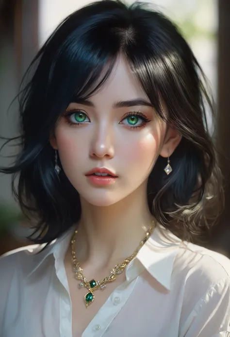 Beautiful female, shonen, gorgeous, serious expression, black hair, dark green eyes, wearing a white shirt, eyeliner, pale skin, delicate diamond necklace, Michael Garmash, Seb McKinnon, Ismail Inceoglu, Daniel F Gerhartz, Jeremy Mann, artwork by Alan Lee,...