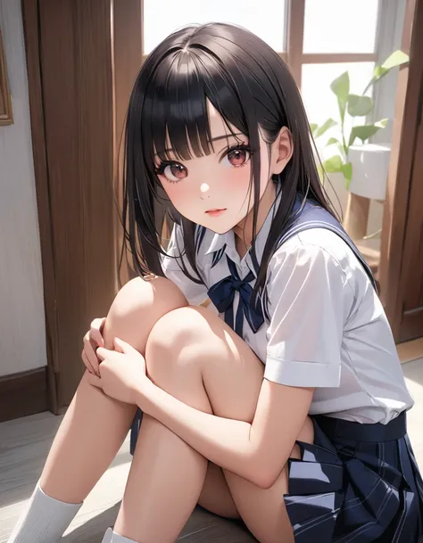 Miss High School Contest 2025 Finalists, Photogenic, Highly detailed beautiful face, neat straight bangs arranged horizontally, long black hair, ((Close-up of a woman Sitting on the floor holding your knees)), wearing high school uniform, pixiv, shin hanga...