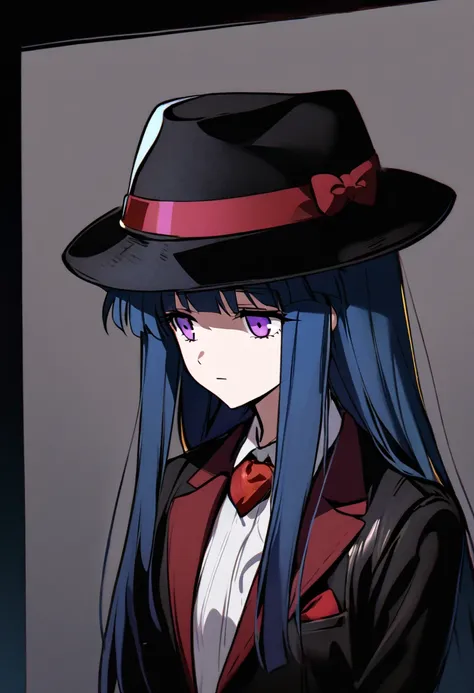 Furude Rika, Female, Alone, mafia, blue hair, purple eyes, Fedora hat, Pitch black background、Mafia boss in a strong spotlight、Silk suit and red pocket square、Calm and expressionless face、The eyes shine sharply