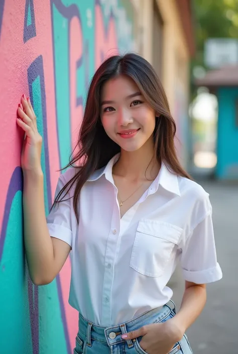 A vibrant and captivating shot of a young Thai woman standing against a colorful graffiti wall. She is dressed in a bright, fitted white shirt paired with light denim shorts, exuding a cheerful and natural vibe. The graffiti behind her is a mix of vivid co...