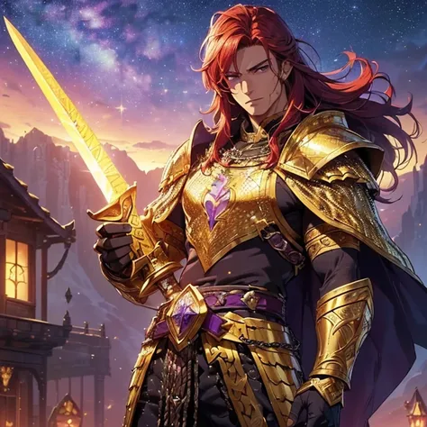 Masterpiece, fantasy art, epic high fantasy genre, HD, high resolution, high quality, best quality. "Warcraft aesthetic".
{{(A 25-years-old young barbarian king:(handsome features. fair skin. Short crimson-reddish hair. Purple colored eyes. Crimson-red eye...