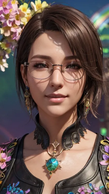 portrait, close-up, upper body. Short red hair, green eyes, glasses with metal frames, Hippie clothes, joyful smile, cheerful girl . (masterpiece, high quality, top quality, official art, Beautiful and aesthetically pleasing:1.2), very detailed,(fractal ar...