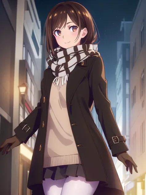 ((Black trench coat,White sweater,Checkered scarf,gloves,tights)),(winter,Around town,snow,night,illumination),((Long Bob:1.5, Shaggy,bangs, Brown Hair)),mizuharachizuru, Chizuru Ichinose, solo woman, smile,(Brown eyes:1.5),looking at viewer,(Cowboy Shot:1...