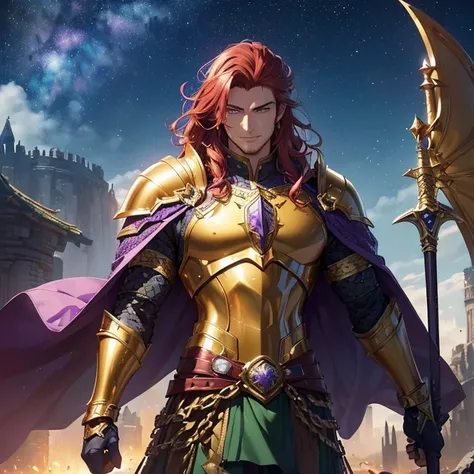 Masterpiece, fantasy art, epic high fantasy genre, HD, high resolution, high quality, best quality. "Warcraft aesthetic".
{{(A 25-years-old young barbarian king:(handsome features. fair skin. Very Short crimson-reddish hair. Purple colored eyes. Crimson-re...