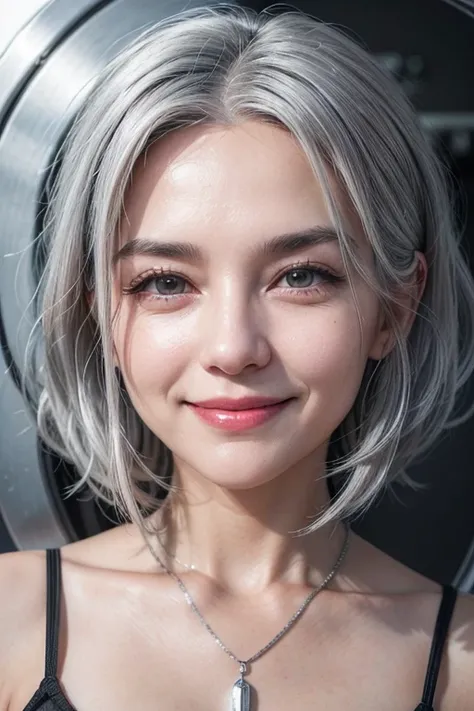 smiling woman with grey hair and necklace standing in front of a metal grill, gray haired, silver haired, straight grey hair, going gray, white haired lady, silver hair girl, old gray hair, wearing silver hair, silver hair, some grey hair, silver hair!!, g...