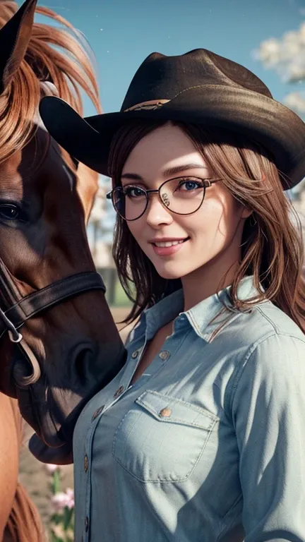 portrait, close-up, upper body. Short red hair, green eyes, glasses with metal frames, button down shirt, cowboy hat, joyful smile, cheerful girl . (masterpiece, top quality, best quality, official art, beautiful and aesthetically pleasing:1.2), extremely ...