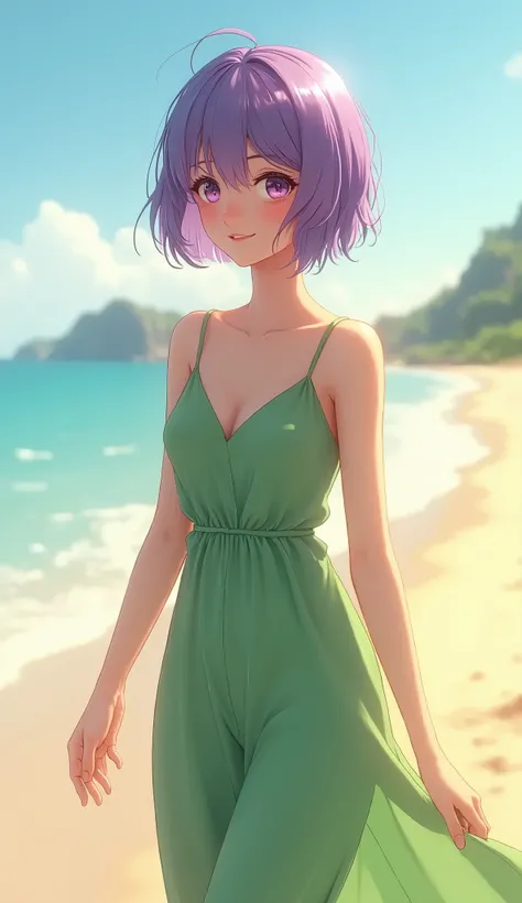 girl walking on the beach, wearing a green sun dress, bokeh, sun kissed, purple short hair, cute, portrait, full body shot