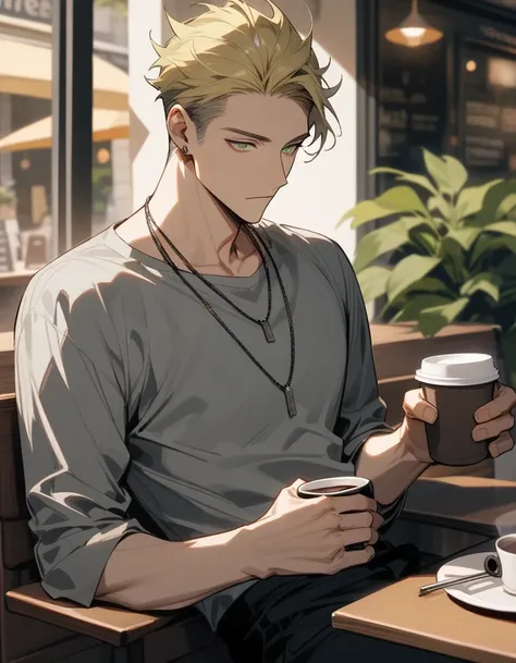 Half body, one adult man, handsome, grey shirt, black long pants, cafe, sitting and holding a cup of coffee, cool, two block haircut, sixpack, silver necklace, yellow hair, green eyes, gold earing, red katana, 