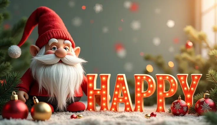 A gnome with a long, white beard and a pointy red hat sits beside Christmas ornaments arranged to spell out the word HAPPY Each ornament is decorated with intricate patterns of snowflakes and holly, glowing softly in golden light. The background features a...