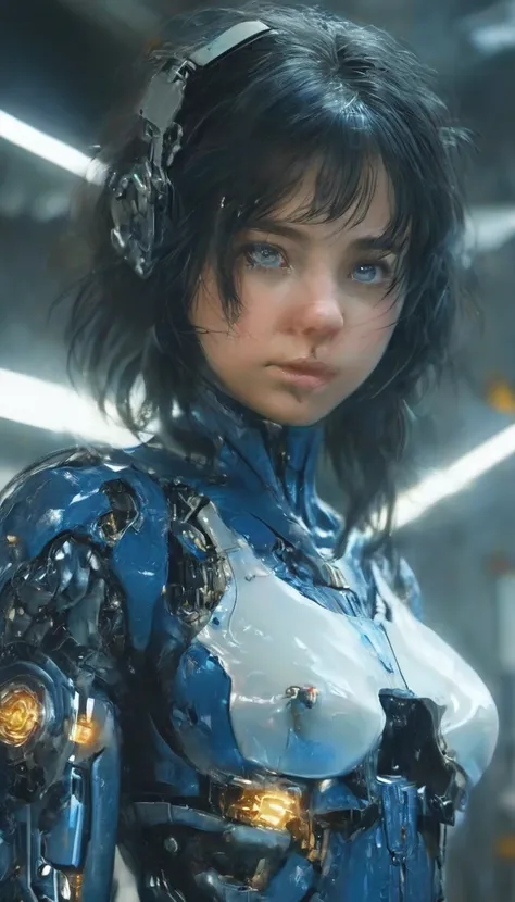 woman, Mechanical Blue Body ，Best Quality, masterpieceUltra HD, 8k,Futuristic spaceship interior，サイバーブルースーツを着たwoman，Black Hair，青 eyes，Shortcuts, Best Quality, High resolution, Ultra HD, blue eyes, 