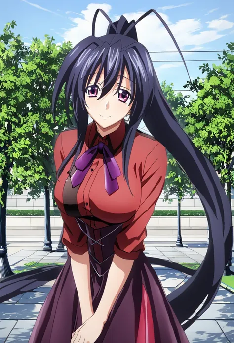 sysdeep_akeno, 1girl, solo, long_hair, looking_at_viewer, smile, large_breasts, shirt, black_hair, hair_between_eyes, very_long_...