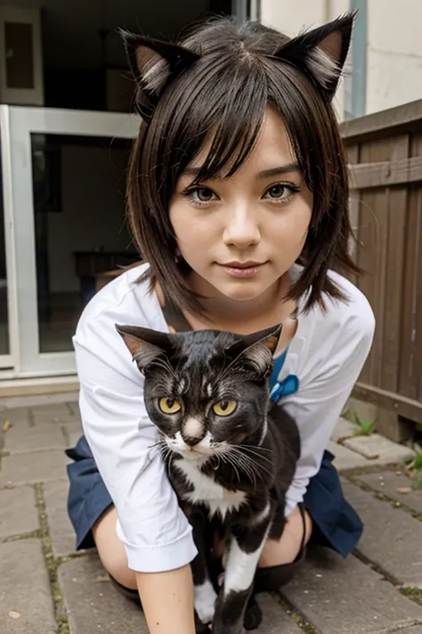 anime girl pet a cat 