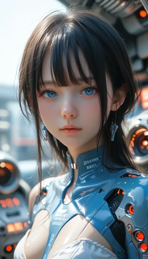 woman, mechanical blue body ，best quality, masterpieceultra hd, 8k,futuristic spaceship interior，サイバーブルースーツを着たwoman，black hair，青...