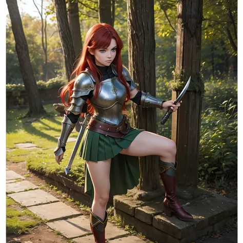 a knight girl, red hair, green eyes, skirt, metal boots, knee socks, female armor, sensual young woman, carrying a sword in its sheath, full body, perfect details, Beautiful face, delicate features, thin body, 