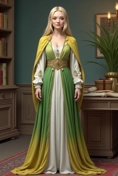 pretty mage woman the director of magic school, dressed in an office magic green and yelloy and white robe, stands against the background of a magical office, a table, a magical plant and many ancient magic books, a love atmosphere, a bizarre combination o...