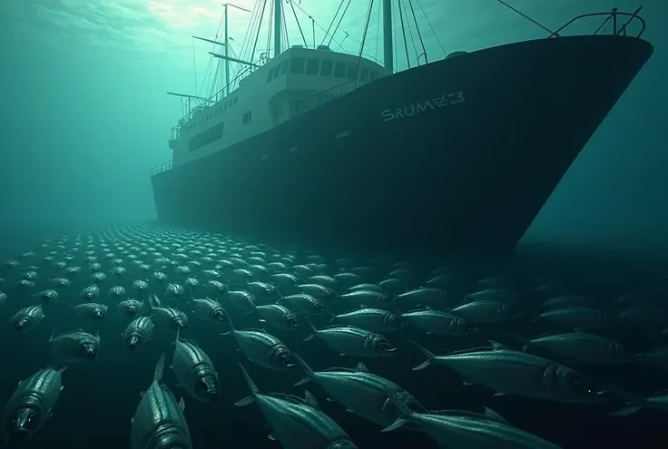 sardines in a school under a fishing boat



