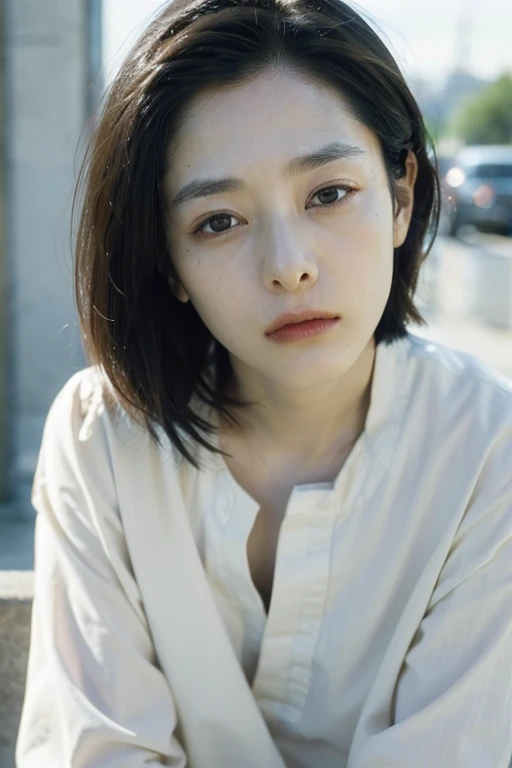 one girl, alone, androgynous, boyish、droopy eyes、ennui、fair skin、sleepy face、beauty、middle age, japanese lady, short hair, accur...