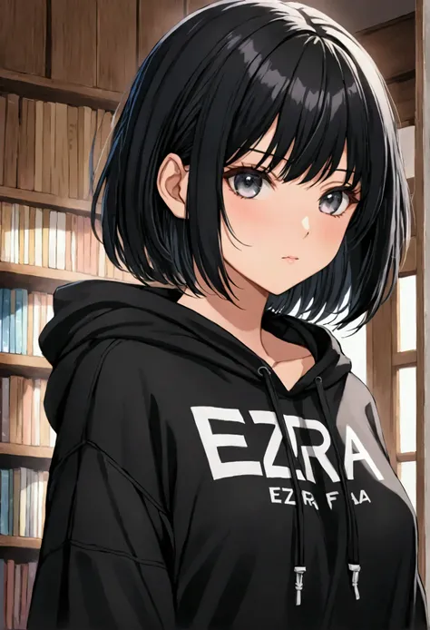 beautiful anime girl with black hair wearing a black hoodie with EZRA written on it 