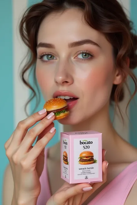 Woman eating a miniature hamburger bite that says Bocato 520 on the logo. If the packaging is blue and pastel pink striped, the woman must be a brunette. 