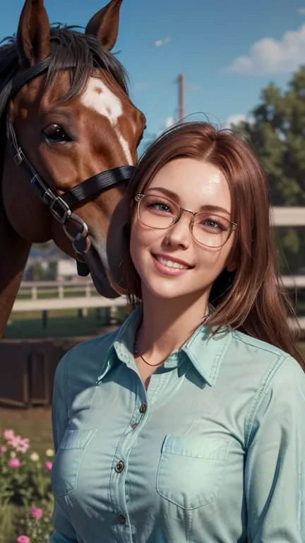 portrait, close-up, upper body. Short red hair, green eyes, glasses with metal frames, button down shirt, cowboy hat, joyful smile, cheerful girl . (masterpiece, top quality, best quality, official art, beautiful and aesthetically pleasing:1.2), extremely ...