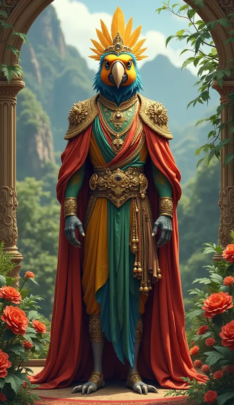 Imagine a humanoid parrot with a colorful human body wearing a crown of golden feathers, elegantly dressed in royal attire standing in front of a tropical throne surrounded by flowers and mountains, with a real and calm expression.