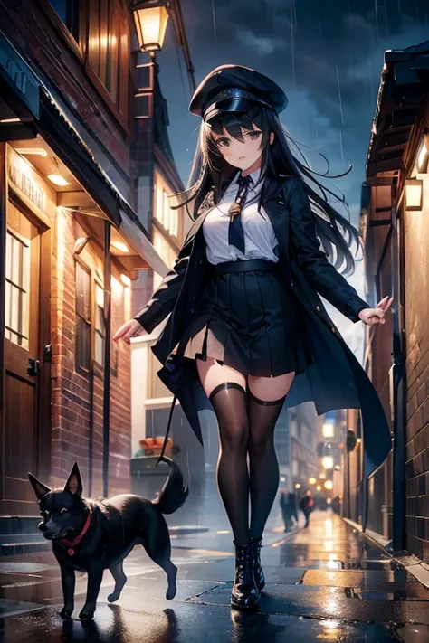 Under a dark, cloudy sky, as the rain begins to fall, a lit-up old brick shopping street is on. Holding her black student cap in her hand, she bends over and starts running. A high school girl with long black hair, wearing a black cloak, black student unif...