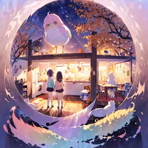 pastel, anime，Blurred Expression、Double exposure chick、Girl、Autumn sweaters、room、indirect lighting、relax、Big chick５Animals、night、