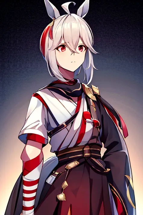 Gray Hair、Red mesh hair、White horse ears、Androgynous boy、White Tail、Red eyes、Black ribbon on right ear、The left ear is bare、Dark Background、Anime Style、Cute、White Sailor Suit、Purple Skirt、Overall picture、Short Hair、ponytail、Revealing details、Kazuha