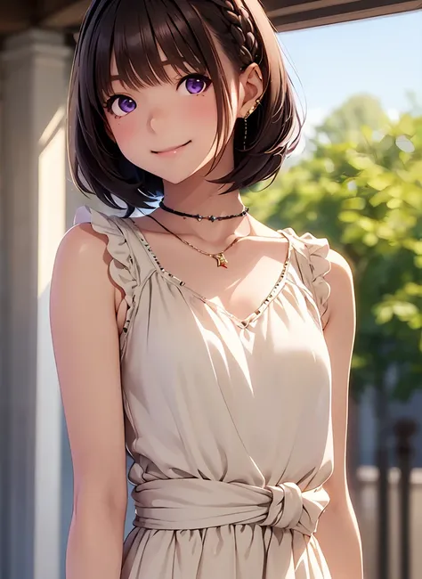 High resolution,In 8K,Best Quality,detailed,Semi-realistic anime,Anime 3D Style,Smooth anime CG,One Girl,One Japanese woman,slim,Modeled,Shiny brown hair,(((Short medium cut))),((Beautiful braiding)),(((Camille Corot))),((Raphael)),(((jewel studded dress))...