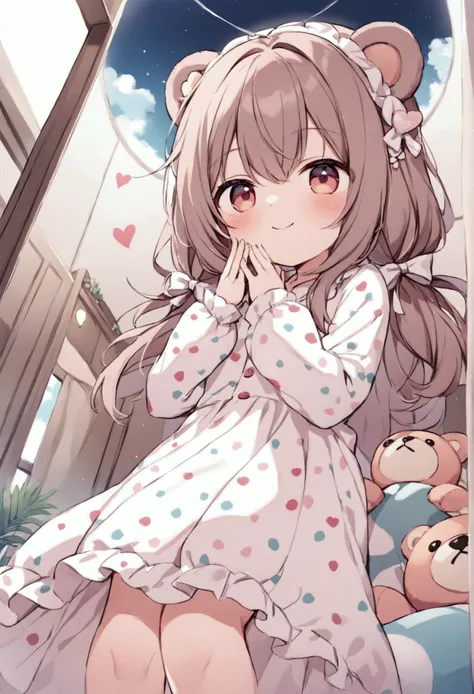 A room with a teddy bear、Palm next to face、Waving、smile、Wearing heart-patterned pajamas、Cute bedroom、Detailed Background、looking up from below, 