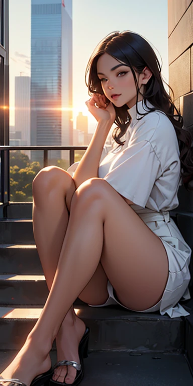 a masterpiece of、Top image quality、1人の女性、Beautiful woman sitting on the stairs、legs slightly open、Detailed facial expressions、detailed eye、Detailed nose、detailed lips、huge、Female proportions considered everywhere、Skyscraper District、Sunset between building...