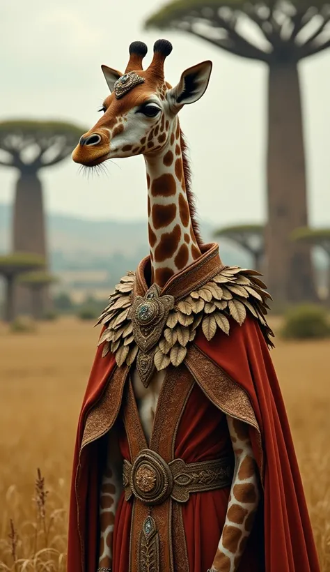 Imagine a humanoid giraffe, dressed in elegant royal clothes with jewels, with a carved wooden crown, with a high neck and a cloak made of leaves, surrounded by golden savannahs and baobab trees.