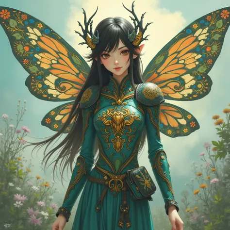 A captivatingly ethereal Japanese anime-style depiction of a female fairy adorned with intricate Picasso Bug pattern armor. The stunning image showcases the fairys delicate features, enhanced by the whimsical yet intricate pattern of her armor. This enchan...