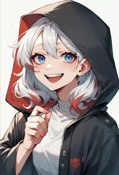 A woman with long, wavy white hair with red highlights, blue eyes with a psychopath smile with her hand near her face laughing with a black hood and a gloomy air