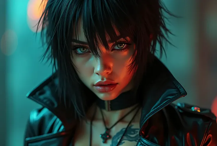 The Girl with the Dragon Tattoo、a close up of a person wearing a necklace and a jacket, beautiful female neuromancer, aeon flux style, molly from neuromancer, iu lee ji-eun as a super villain, molly from the novel neuromancer, attractive androgynous humano...