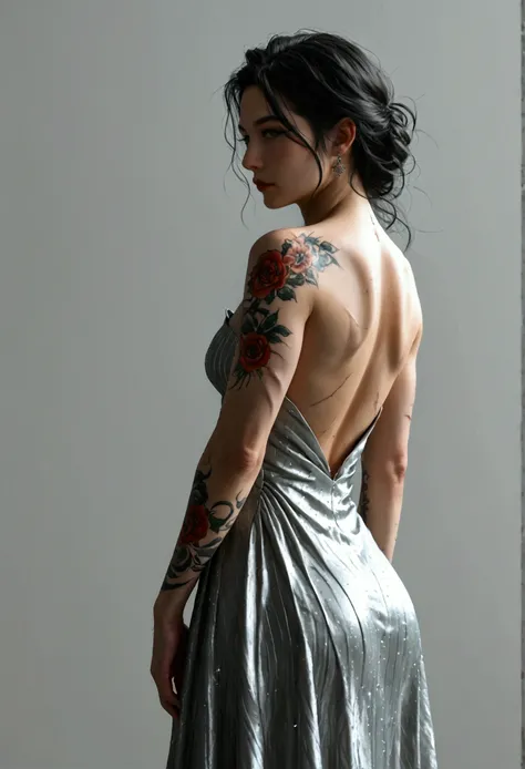 a grizzled old man, muscular, age 50, gray roots, oily black hair dye, many small scars, heavily tattooed below the neck (dragons), in an pin striped tuxedo with a cute woman on his arm (amazing butt,she is dressed sexy and sparkly, long flowing dress show...