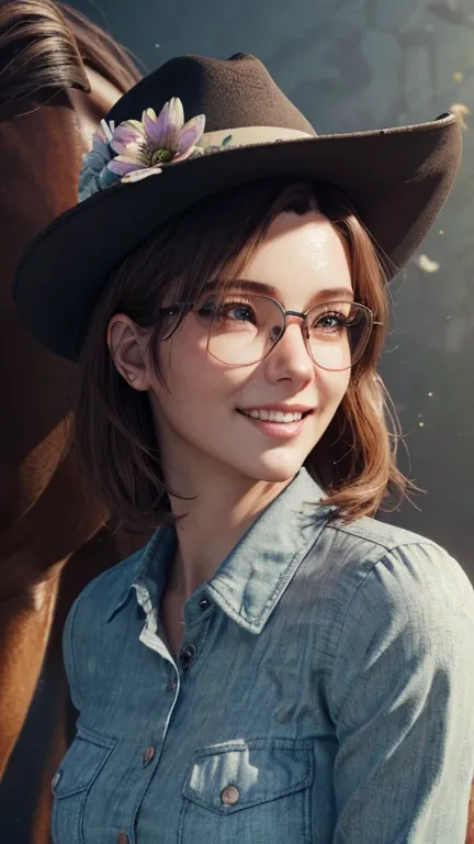 portrait, close-up, upper body. short red hair, green eyes, glasses with metal frames, button down shirt, cowboy hat, joyful smi...