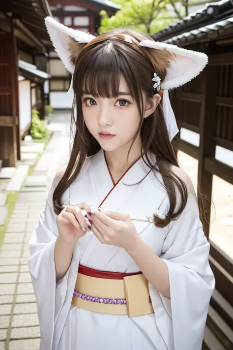 Little fox ears、one girl, (a beauty girl, delicate girl:1.3), (, change:1.3), break,((Shrine Maiden Costume)),(Brown fox ears) break, Definition of Very Fine Particles, (Symmetrical eyes:1.3), break, (alley, Kyoto:1.3), Perfectly shaped fingers, break, ((B...