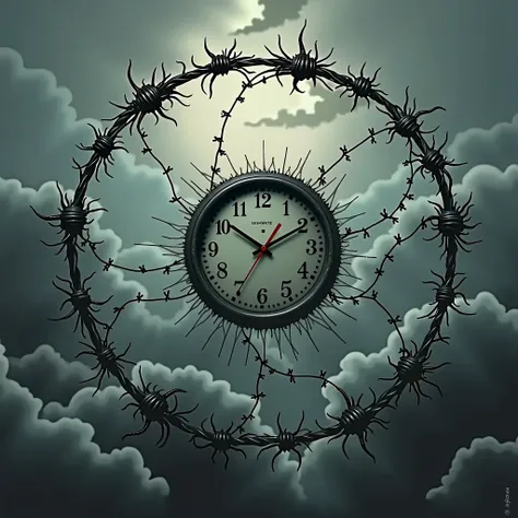 Album cover, clock stuck in centralized barbed wire, circular shaped cloud background