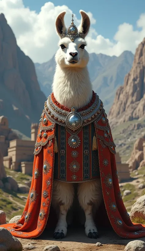 Imagine a proud llama with a humanoid human body, with a silver crown, wearing a bejeweled woolen cloak, standing and surrounded by mountains and Inca ruins, representing the royalty of the Andes.