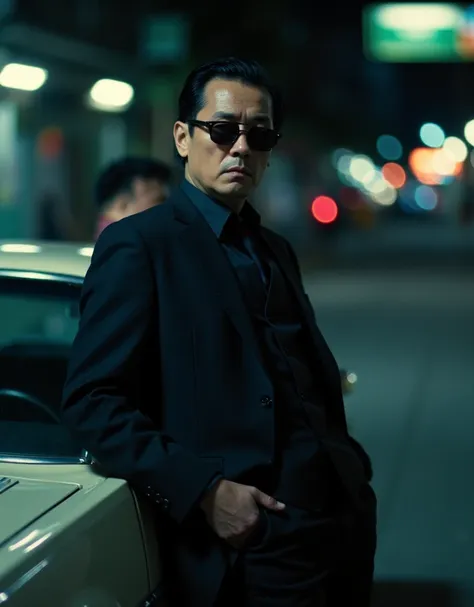 cinematography, realistic, retro, film grain, wong kar-wai, dark lighting, solo, a middle age man in black suit and black sungla...