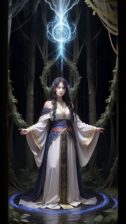 Powerful Wizard, Standing in a mysterious forest. Flowing robes decorated with symbols, Arms stretched out, Eyes glowing with mystical energy. The spell escapes from my mouth, Vibrant, Swirling patterns of dark magic appear in the air., Red and blue hues p...