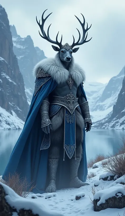 Imagine a powerful humanoid elk with a silver crown, standing surrounded by snowy mountains and fjords, with a deep blue cloak decorated with snowflakes.