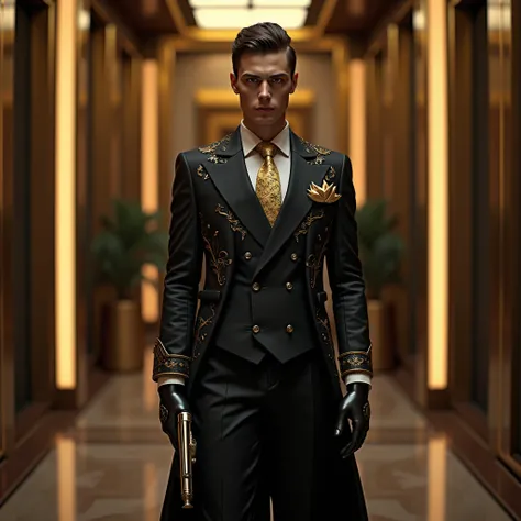 Mafia Boss, decopunk style, made with streamlined design. In the style of retrofuturism and opulent fashion, speculative technology made for the high society and vintage futurism. sophisticated technology

dynamic movement, full body, photorealistic, Profe...