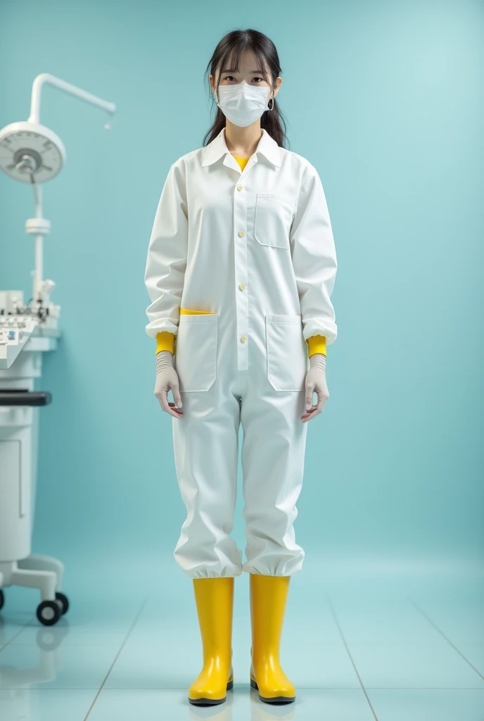 Young and beautiful, Japanese girl dentist, Wearing a white medical suit, Yellow knee-length rubber boots, Yellow latex gloves, Full face mask with glass shield for full face protection, Wearing the hood of a suit, All parts of the body are completely cove...